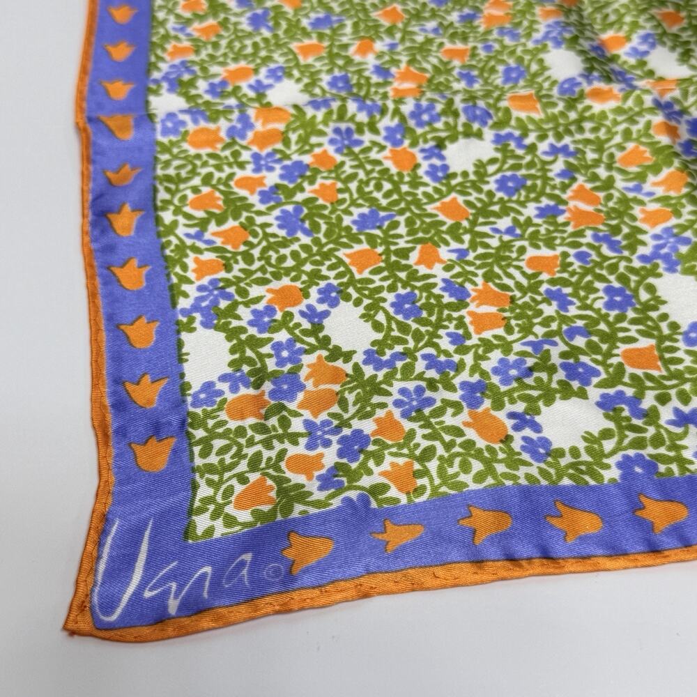Vera Neumann Signed Scarf Orange Blue Green Orange Floral 28" 1960s Japan